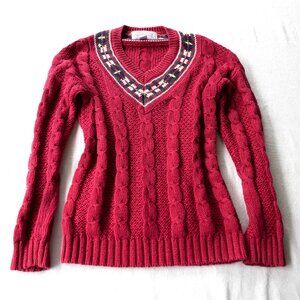 Vintage Dark Pink Cable Knit V-Neck Sweater with Embroidery | Preppy 90s